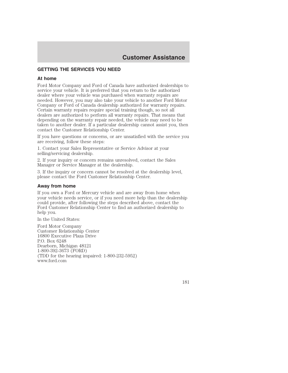 Customer assistance | FORD 2002 F-250 User Manual | Page 181 / 264