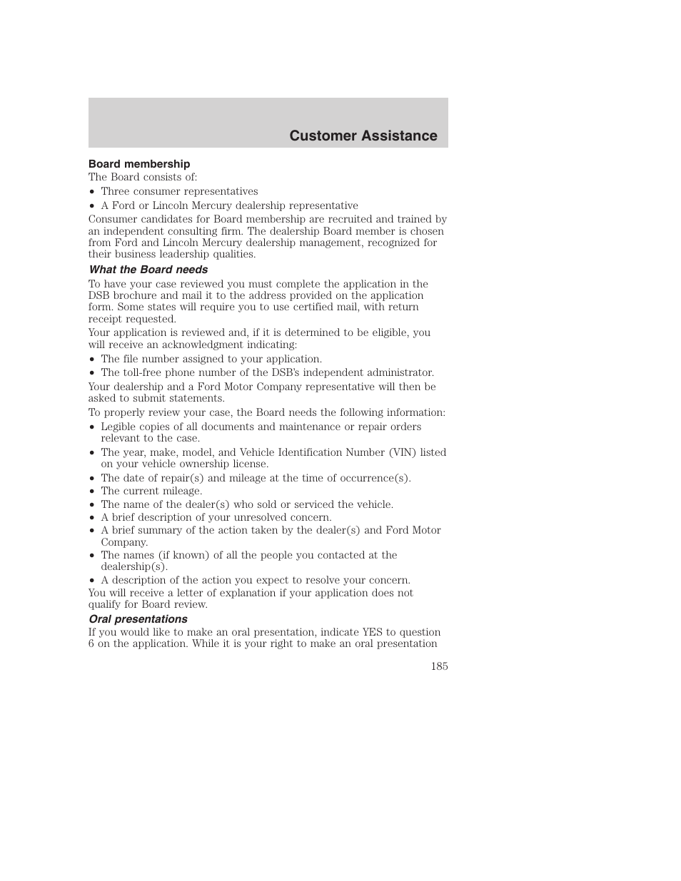 Customer assistance | FORD 2002 F-250 User Manual | Page 185 / 264