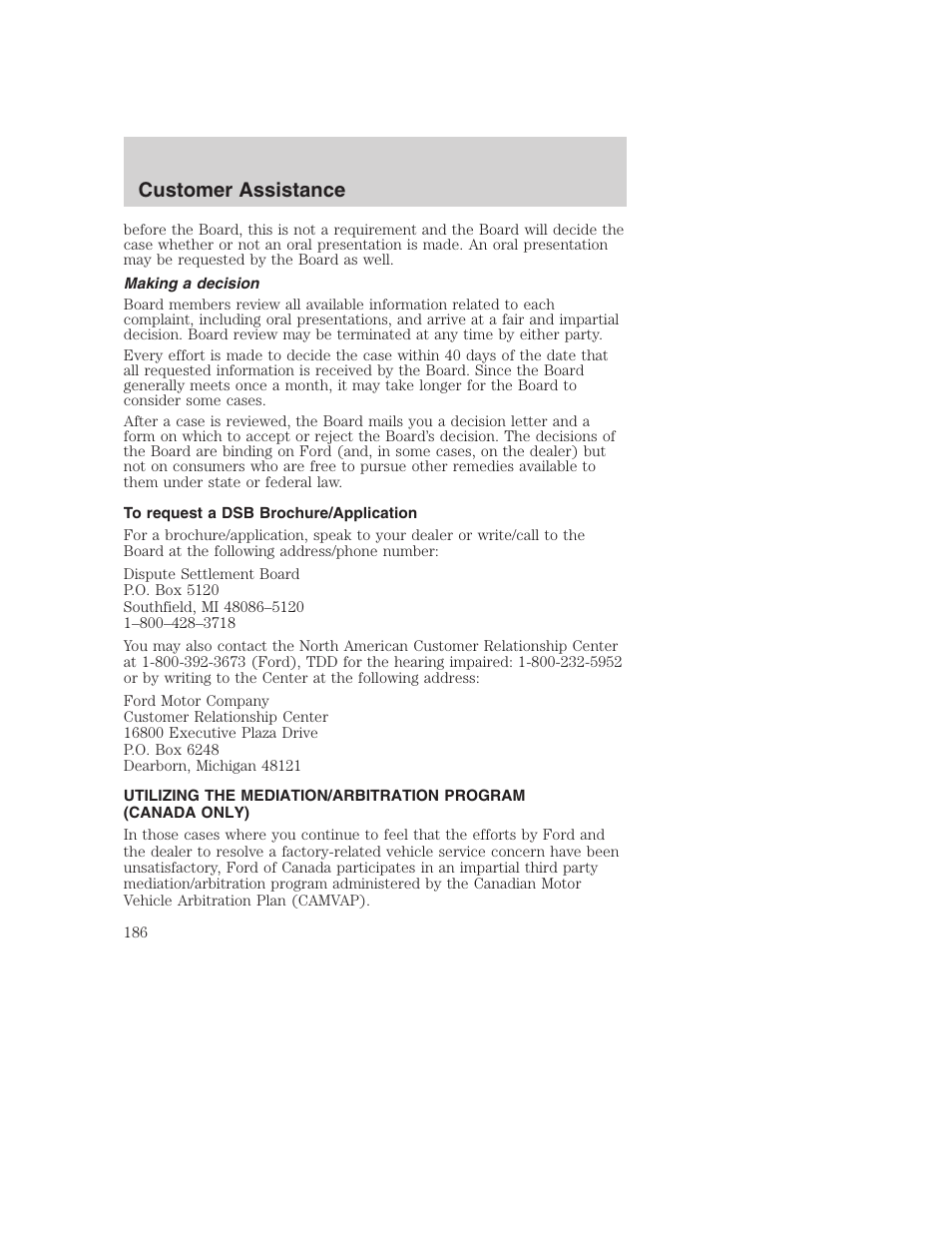 Customer assistance | FORD 2002 F-250 User Manual | Page 186 / 264