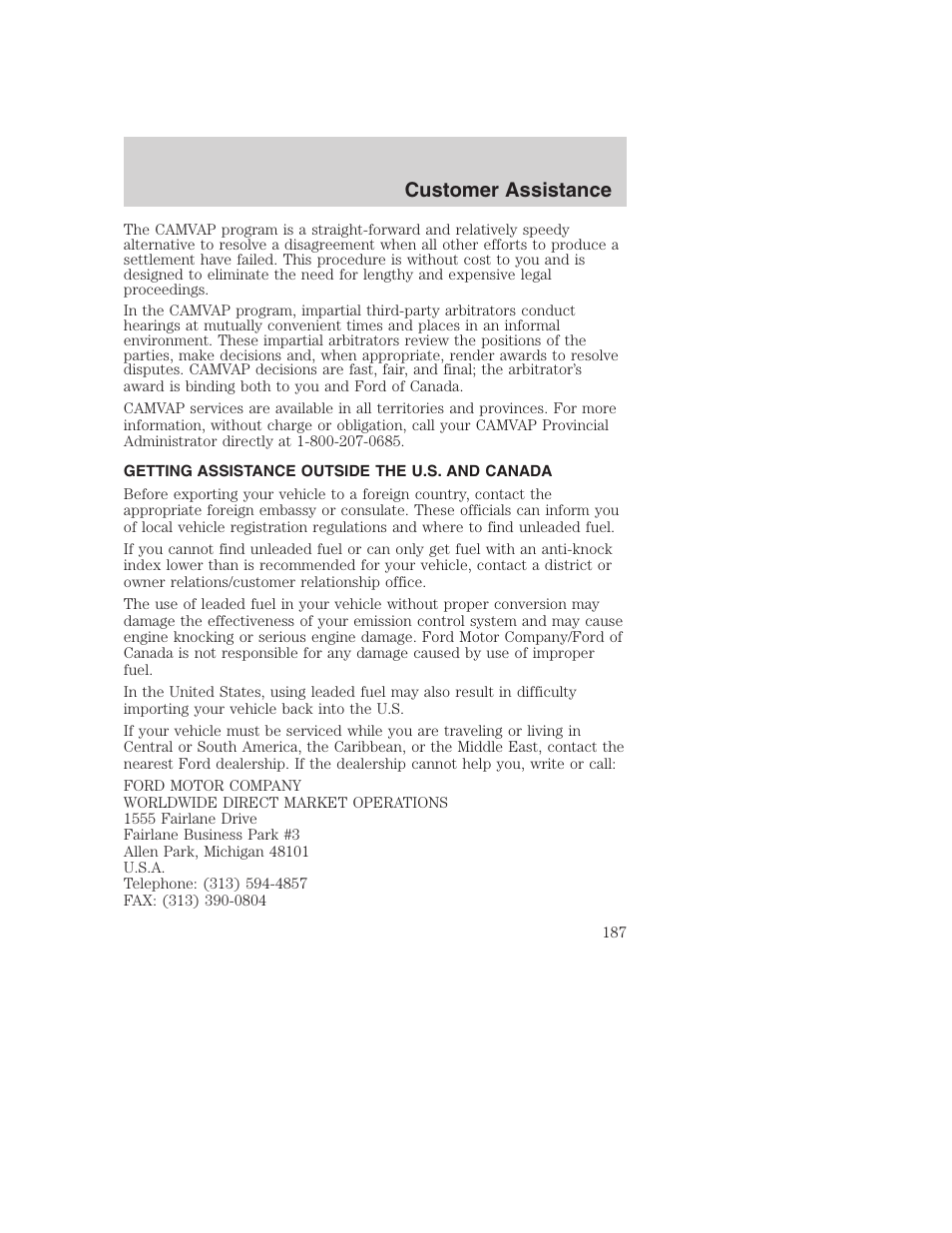 Customer assistance | FORD 2002 F-250 User Manual | Page 187 / 264