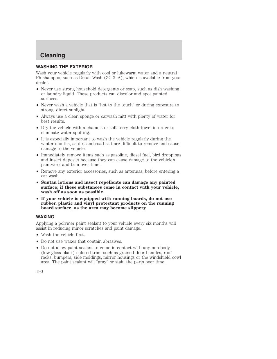 Cleaning | FORD 2002 F-250 User Manual | Page 190 / 264