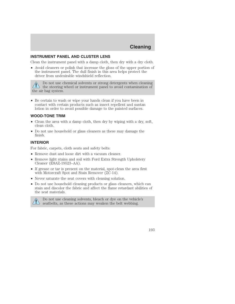 Cleaning | FORD 2002 F-250 User Manual | Page 193 / 264