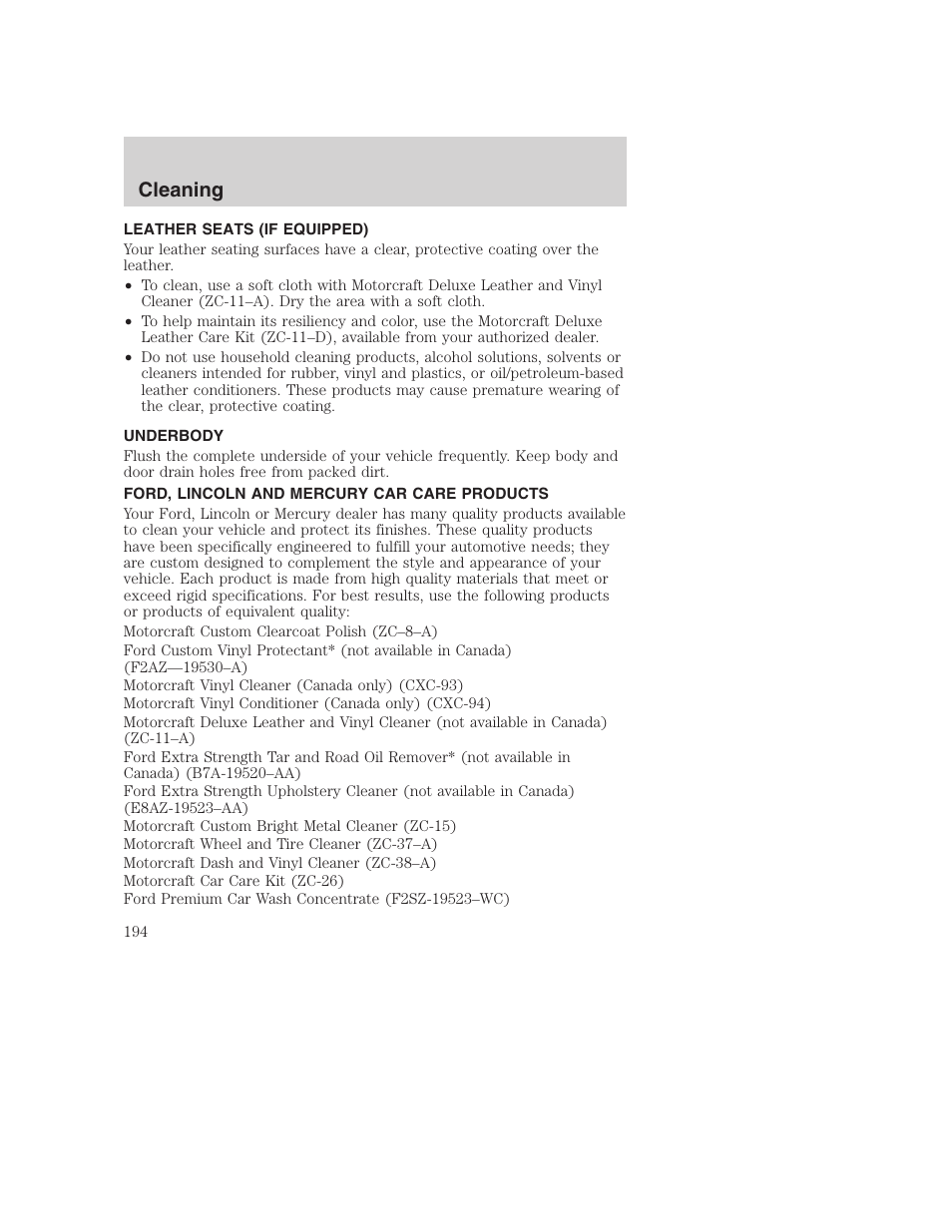 Cleaning | FORD 2002 F-250 User Manual | Page 194 / 264