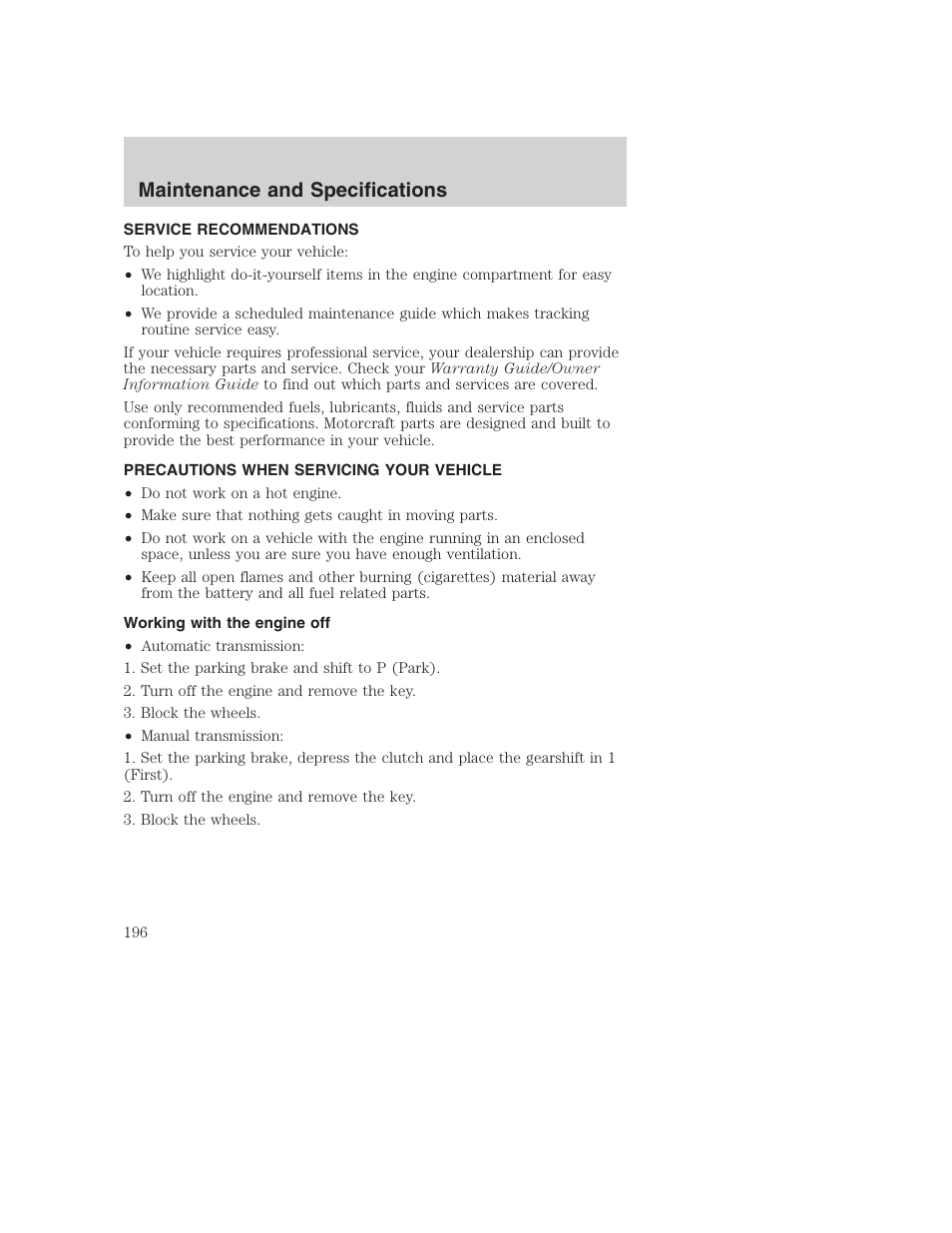 Maintenance and specifications | FORD 2002 F-250 User Manual | Page 196 / 264