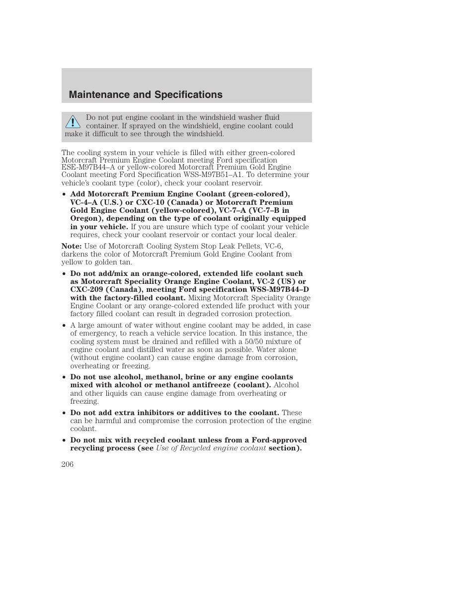 Maintenance and specifications | FORD 2002 F-250 User Manual | Page 206 / 264