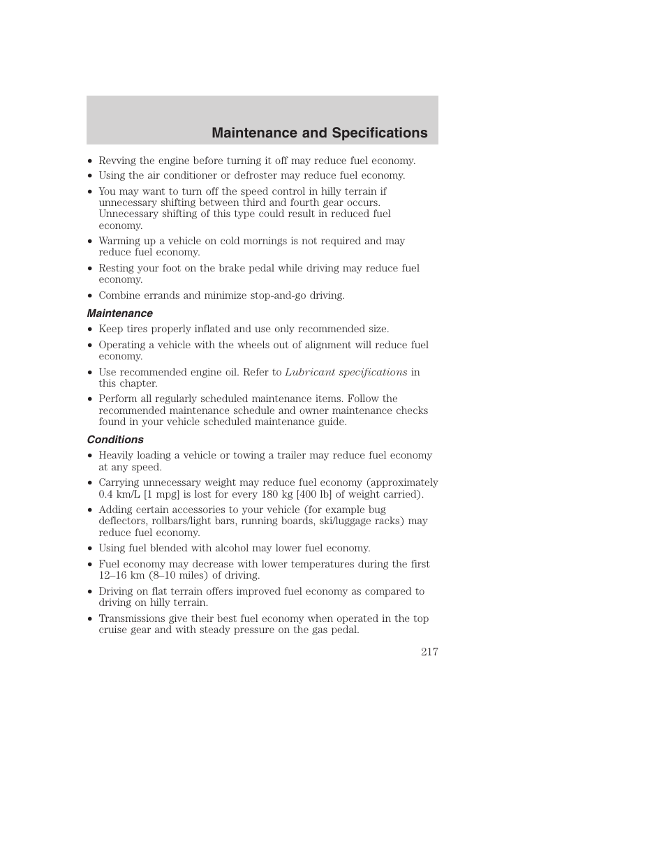 Maintenance and specifications | FORD 2002 F-250 User Manual | Page 217 / 264