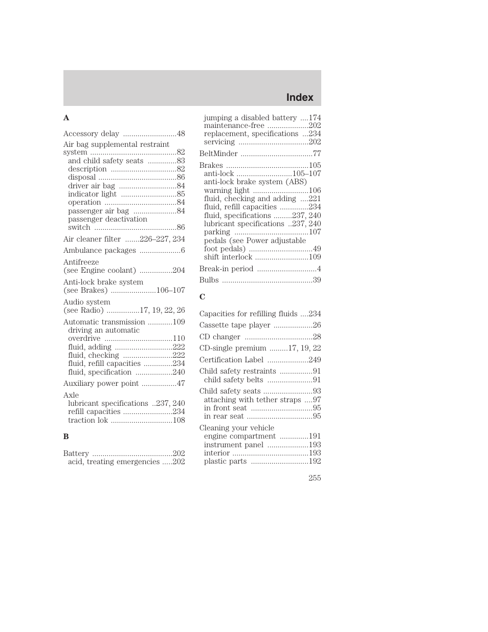 Index | FORD 2002 F-250 User Manual | Page 255 / 264