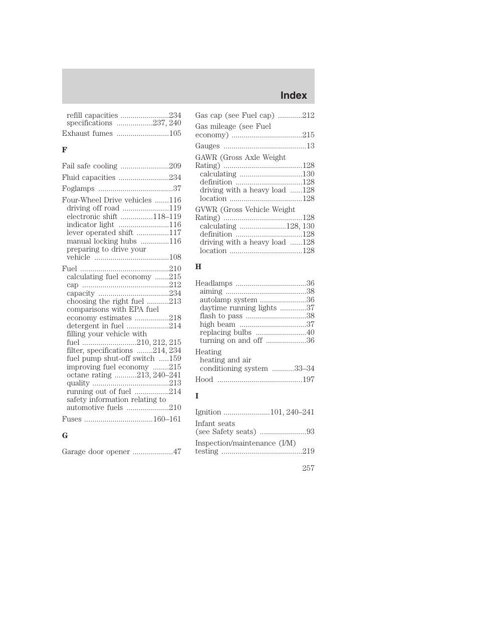 Index | FORD 2002 F-250 User Manual | Page 257 / 264