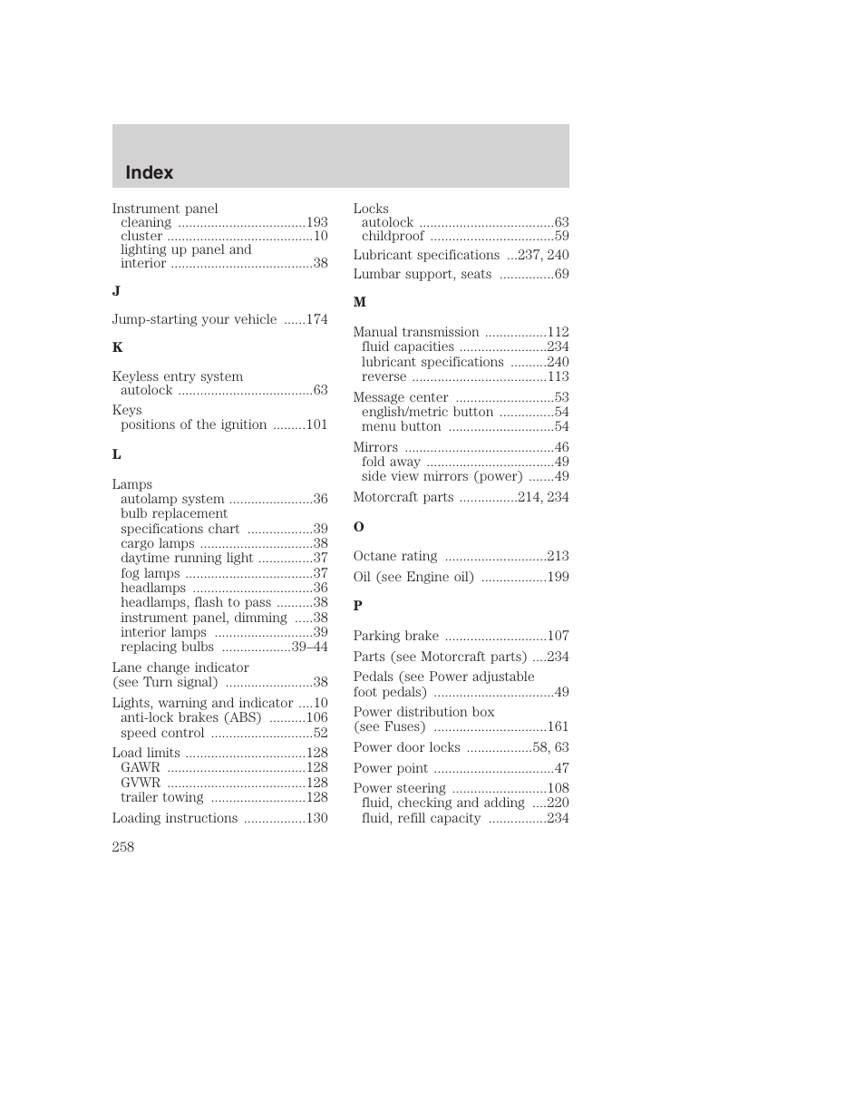 Index | FORD 2002 F-250 User Manual | Page 258 / 264