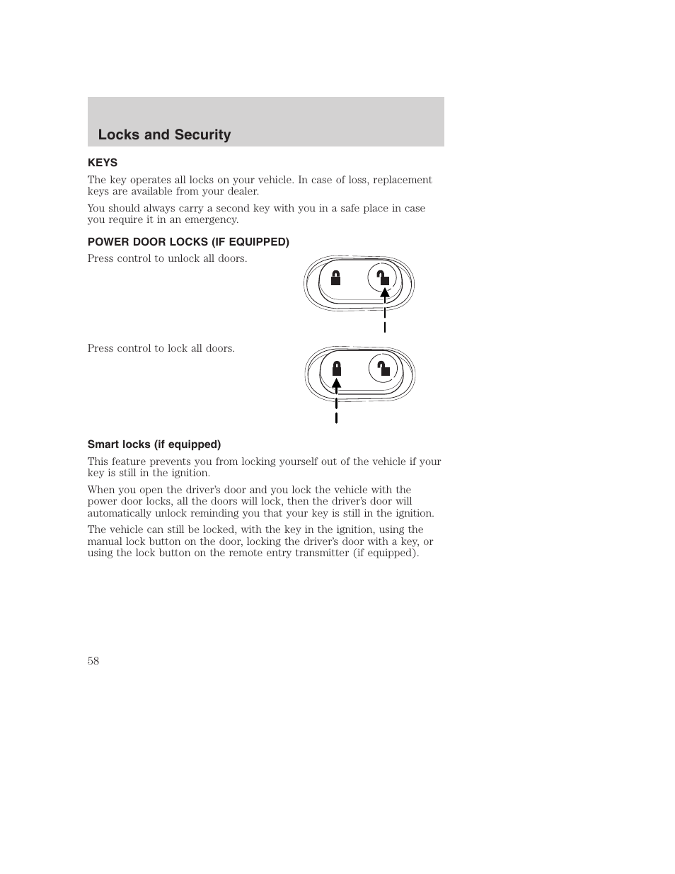 Locks and security | FORD 2002 F-250 User Manual | Page 58 / 264