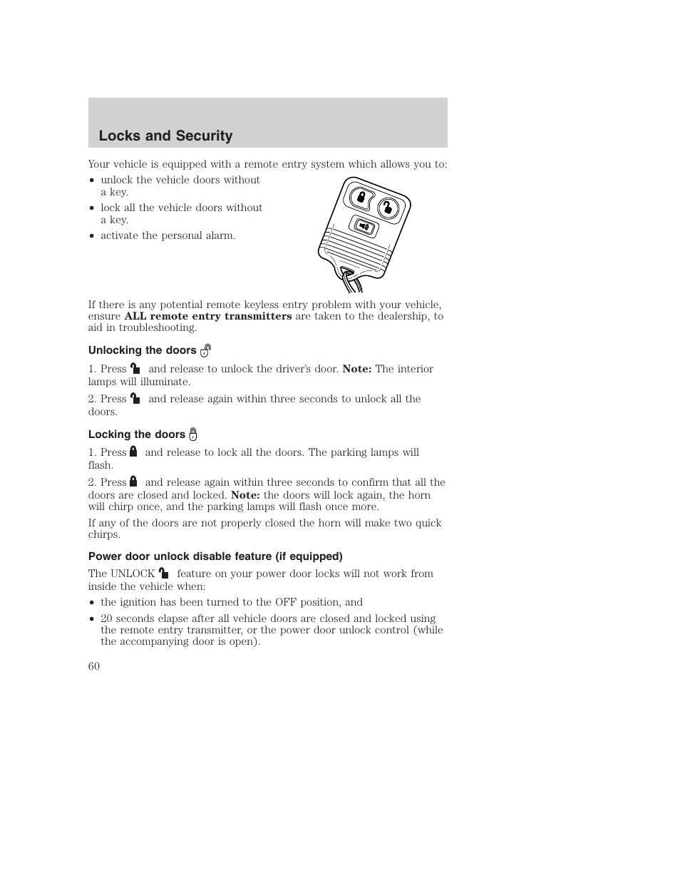 Locks and security | FORD 2002 F-250 User Manual | Page 60 / 264