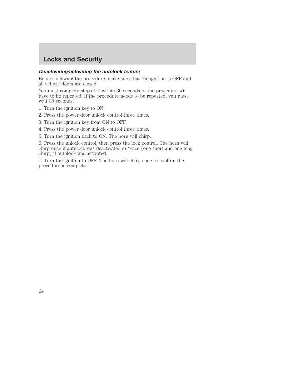 Locks and security | FORD 2002 F-250 User Manual | Page 64 / 264