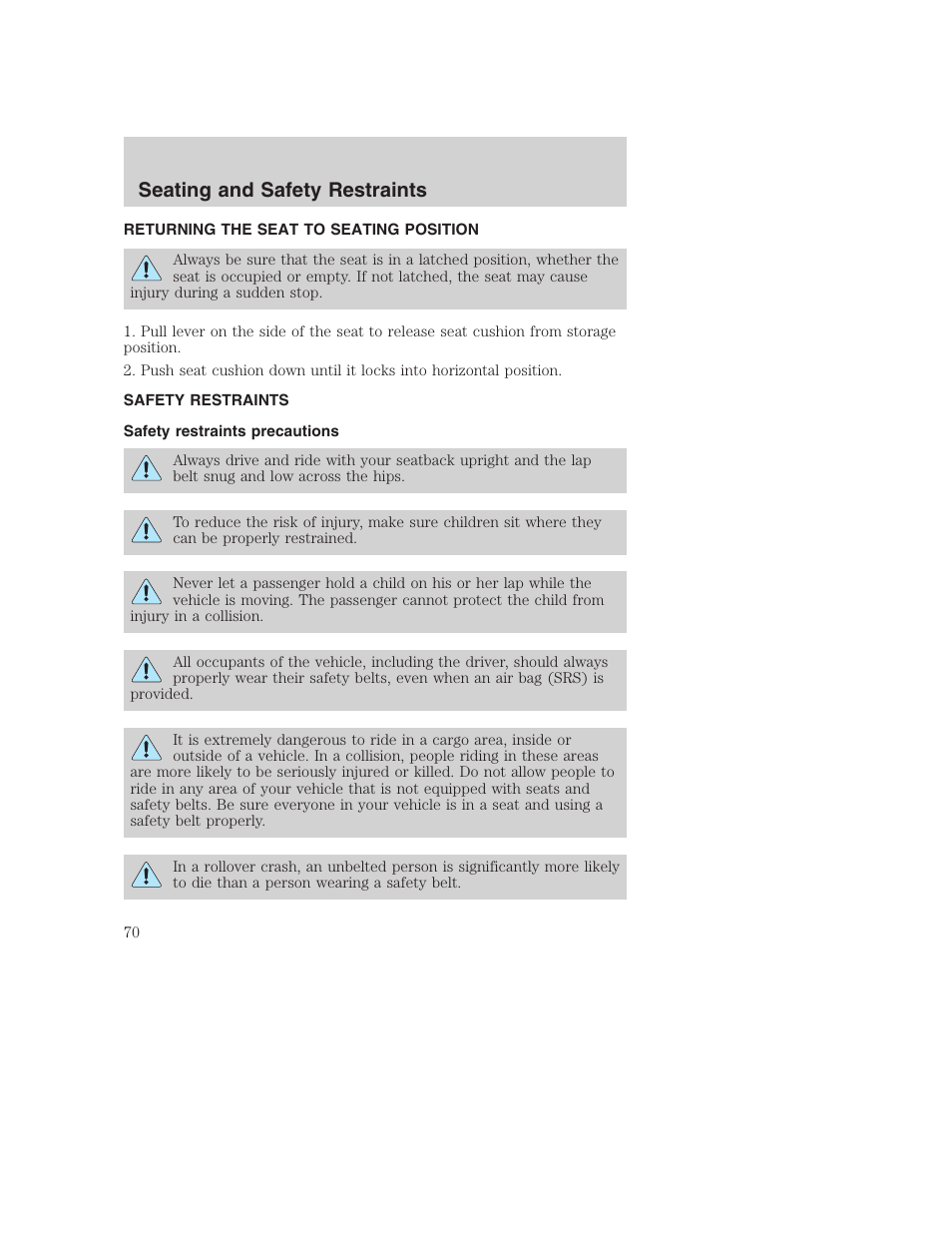 Seating and safety restraints | FORD 2002 F-250 User Manual | Page 70 / 264