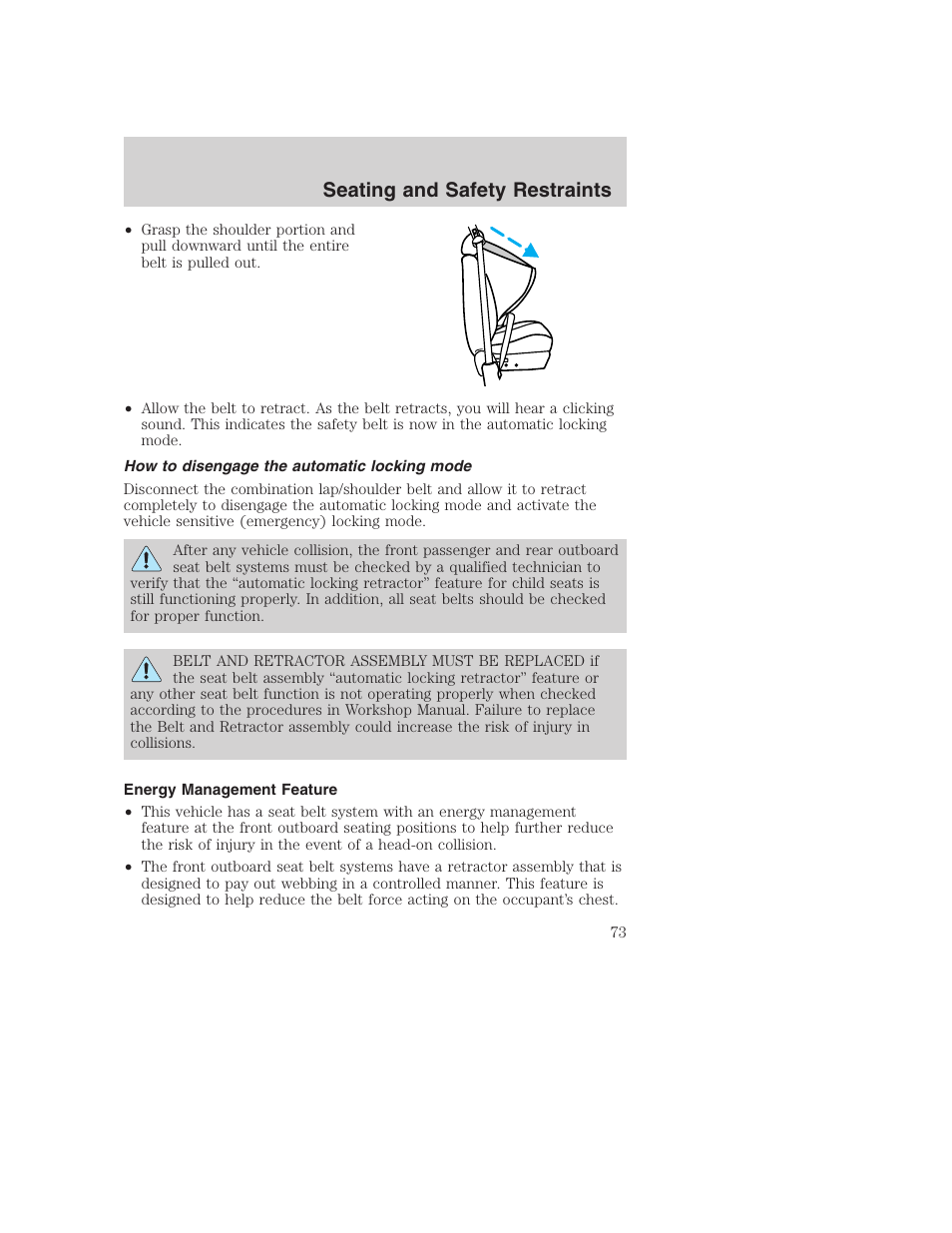 Seating and safety restraints | FORD 2002 F-250 User Manual | Page 73 / 264