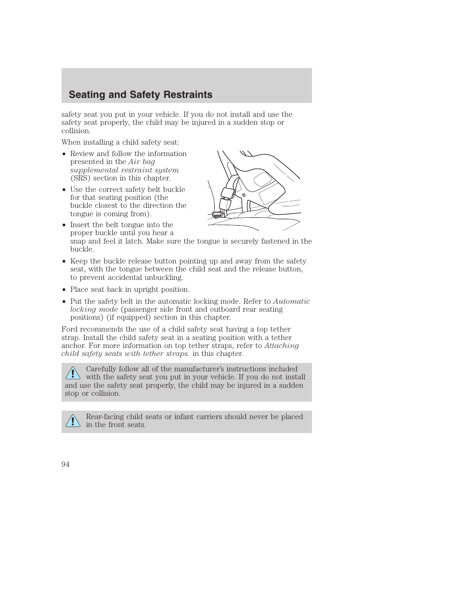 Seating and safety restraints | FORD 2002 F-250 User Manual | Page 94 / 264