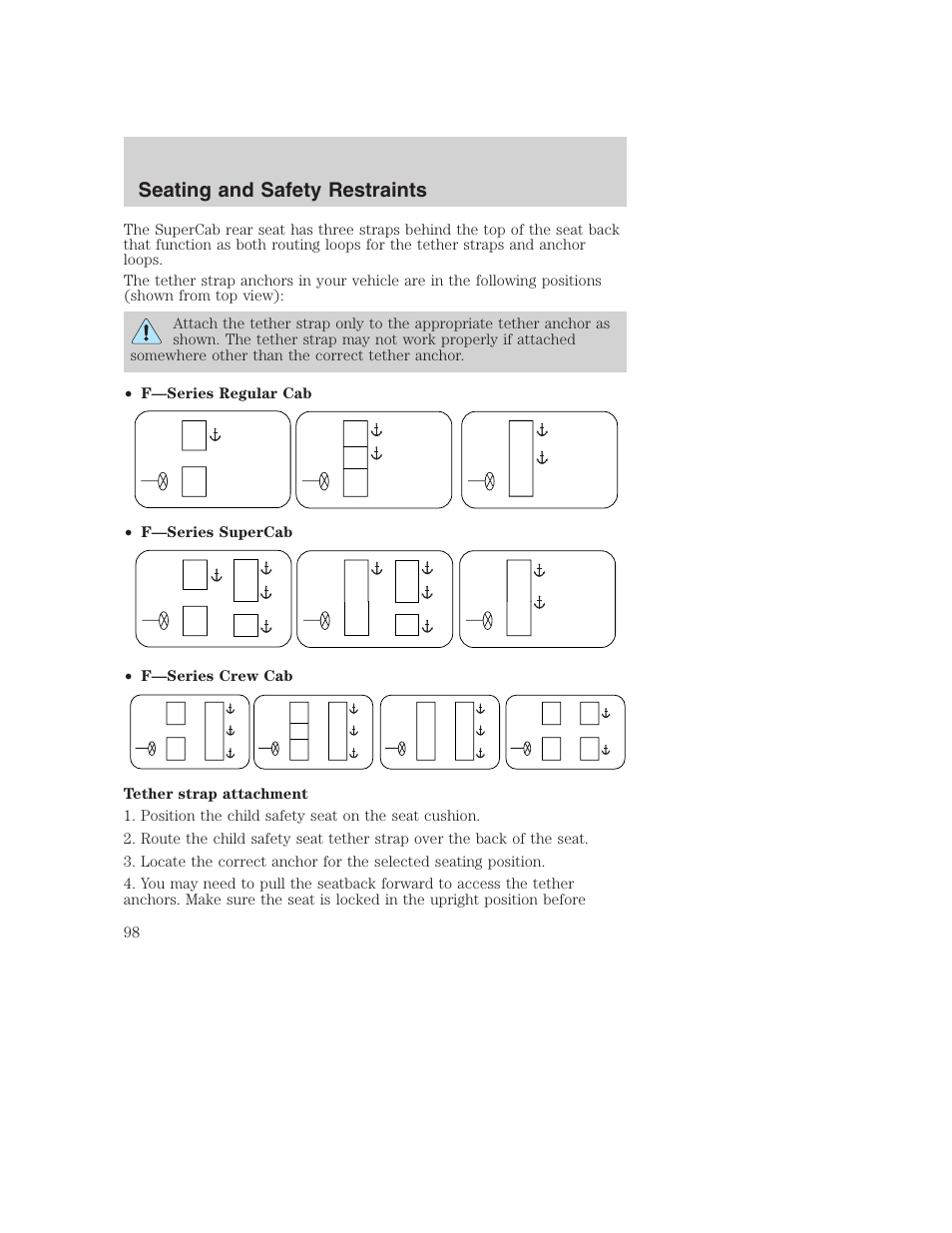 Seating and safety restraints | FORD 2002 F-250 User Manual | Page 98 / 264