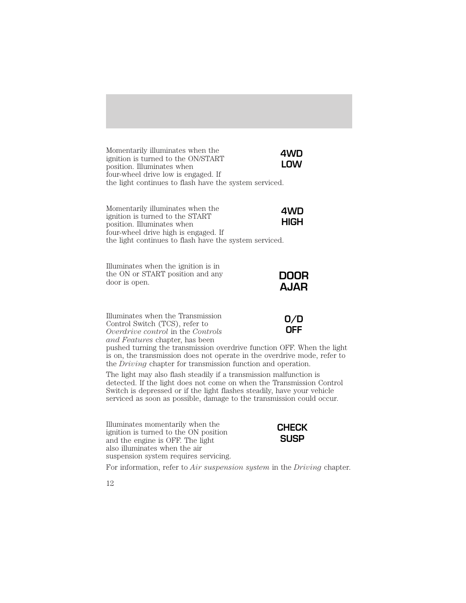 Door ajar | FORD 2000 Explorer User Manual | Page 12 / 296