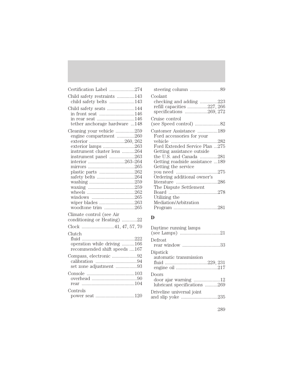 Index | FORD 2000 Explorer User Manual | Page 289 / 296