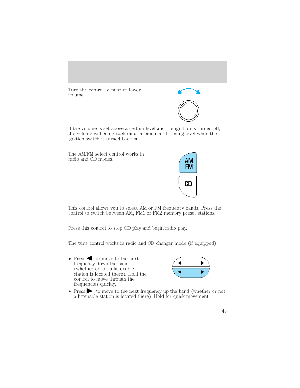 Cd am fm, Controls and features | FORD 2000 Explorer User Manual | Page 43 / 296