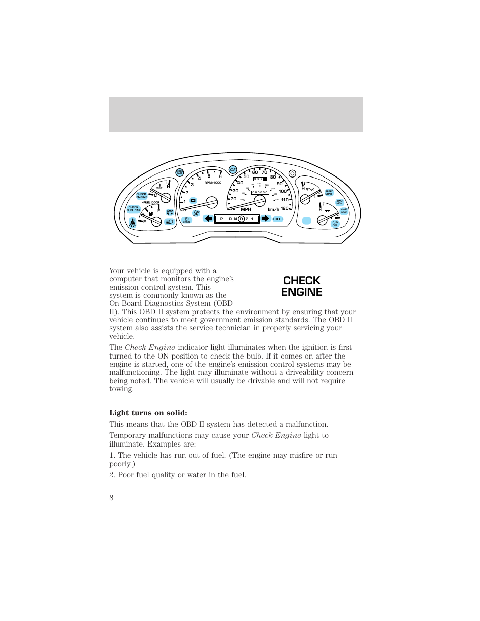 Check engine, Instrumentation | FORD 2000 Explorer User Manual | Page 8 / 296