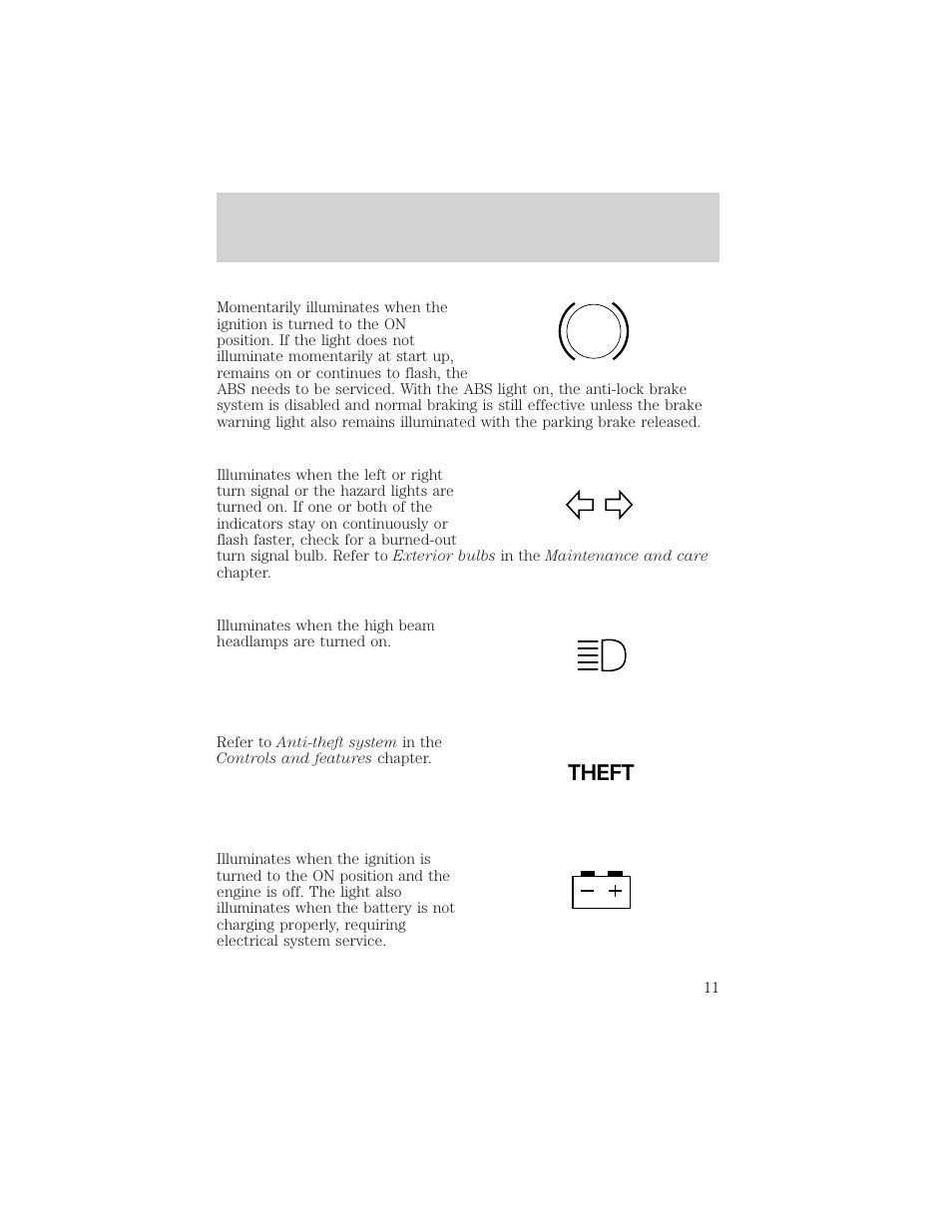 Theft, Instrumentation | FORD 2000 Escort User Manual | Page 11 / 200