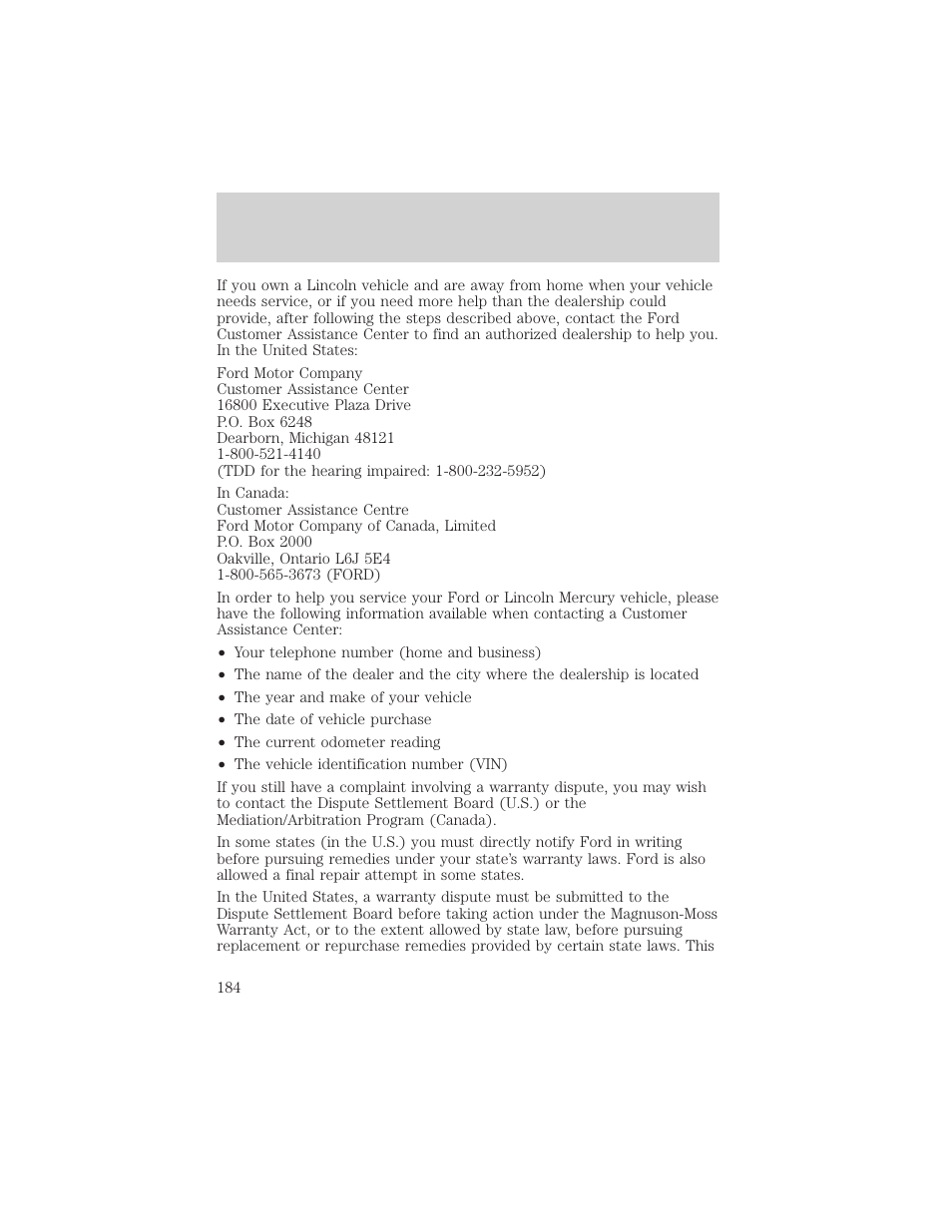 Customer assistance | FORD 2000 Escort User Manual | Page 184 / 200