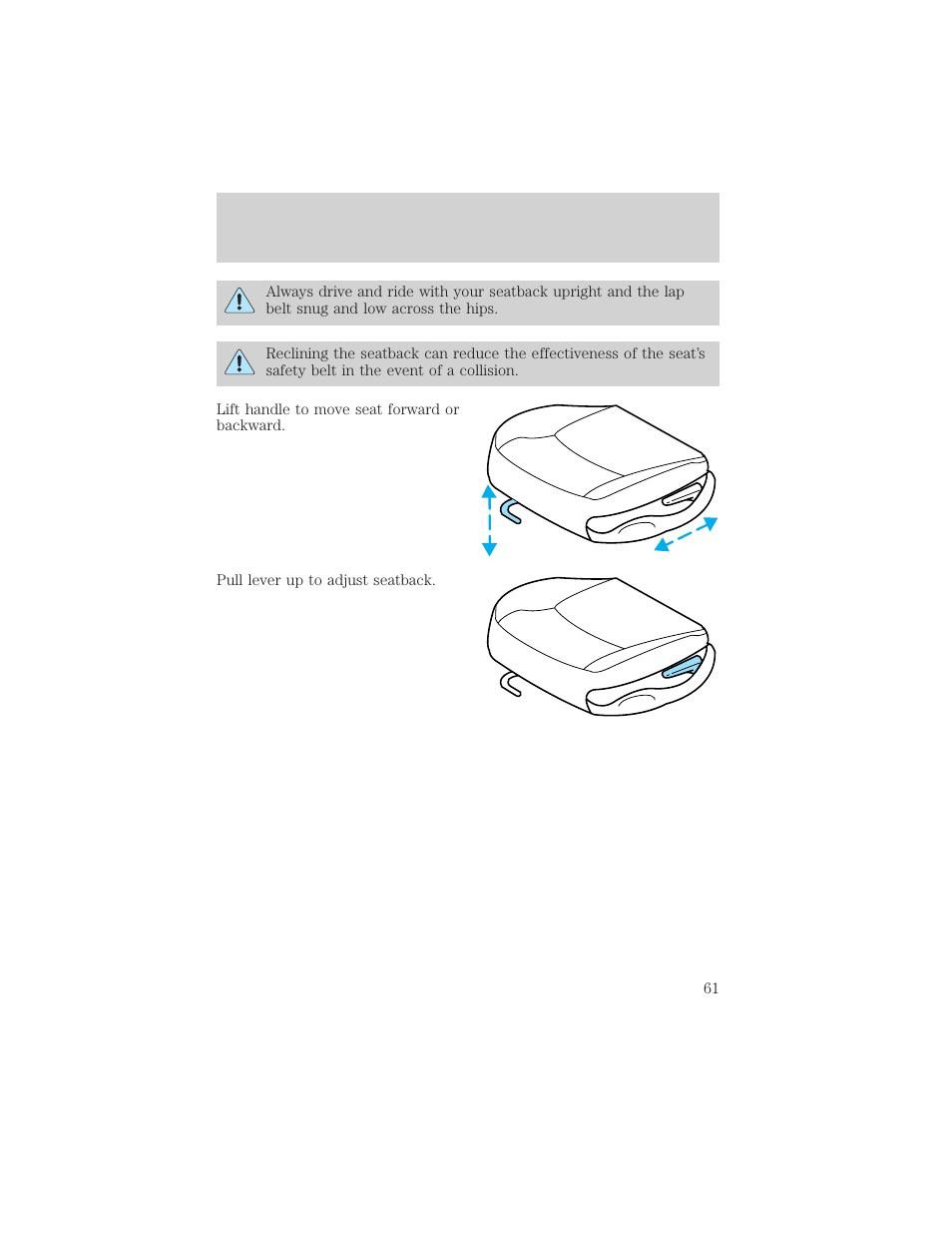 Seating and safety restraints | FORD 2000 Escort User Manual | Page 61 / 200