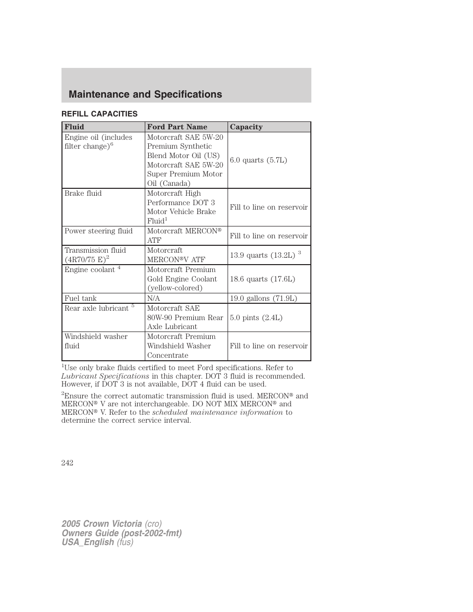 Refill capacities, Maintenance and specifications | FORD 2005 Crown Victoria User Manual | Page 242 / 256