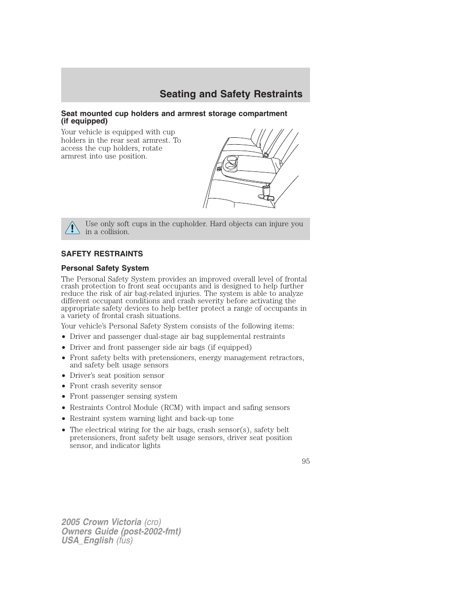 Safety restraints, Personal safety system, Seating and safety restraints | FORD 2005 Crown Victoria User Manual | Page 95 / 256