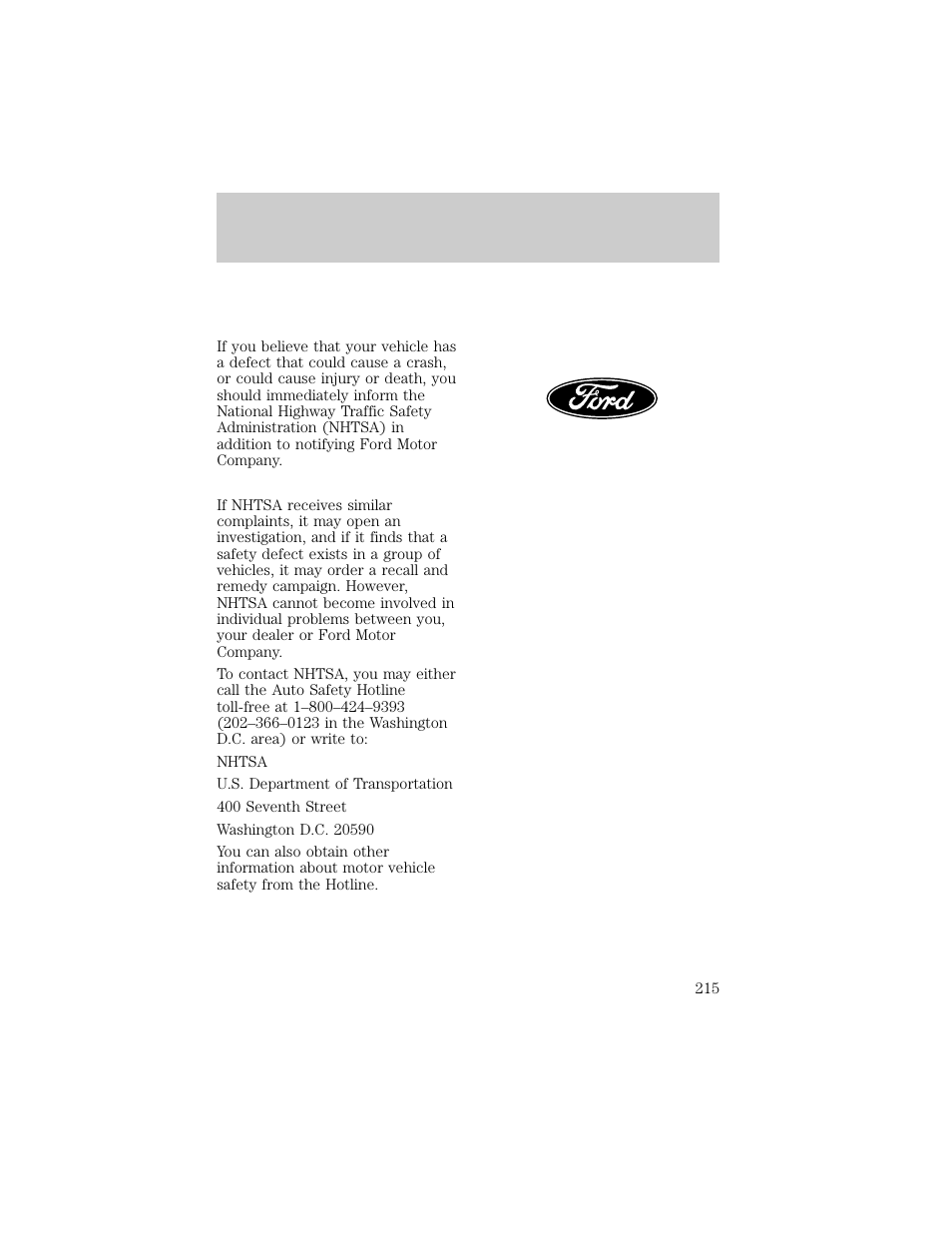 Reporting safety defects | FORD 1998 F-150 User Manual | Page 215 / 219