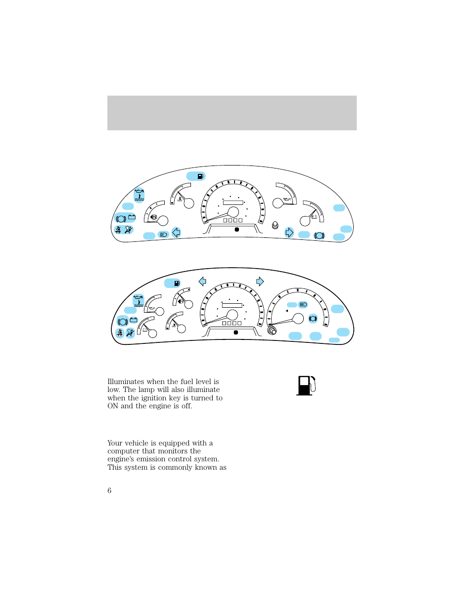 Check engine, Instrumentation, Low fuel | FORD 1998 F-150 User Manual | Page 6 / 219