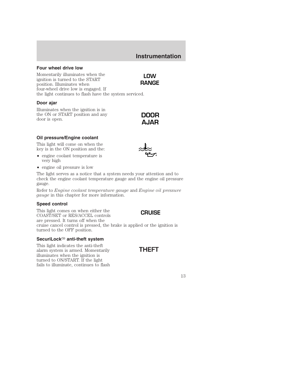 Door ajar, Instrumentation | FORD 2000 Excursion User Manual | Page 13 / 232
