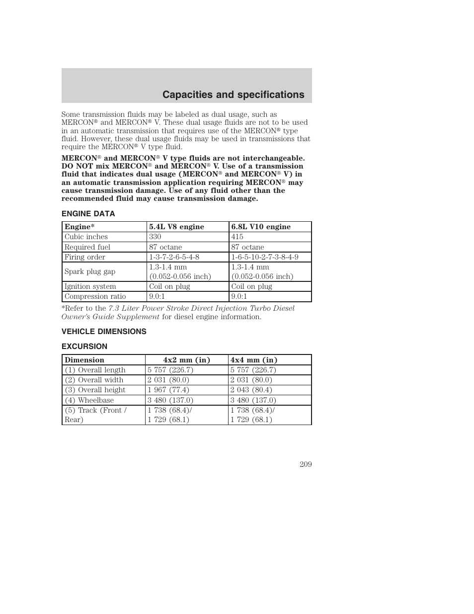 Capacities and specifications | FORD 2000 Excursion User Manual | Page 209 / 232