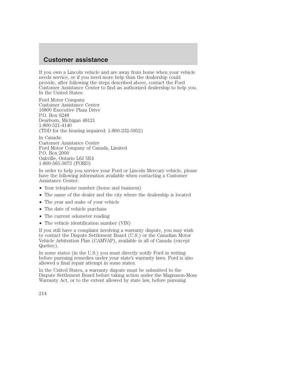 Customer assistance | FORD 2000 Excursion User Manual | Page 214 / 232