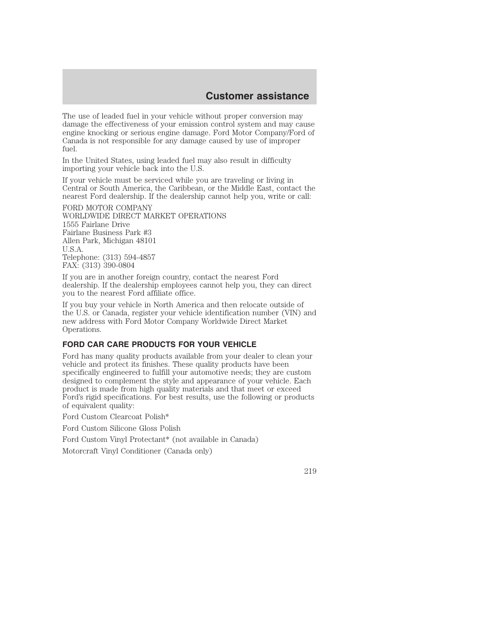 Customer assistance | FORD 2000 Excursion User Manual | Page 219 / 232