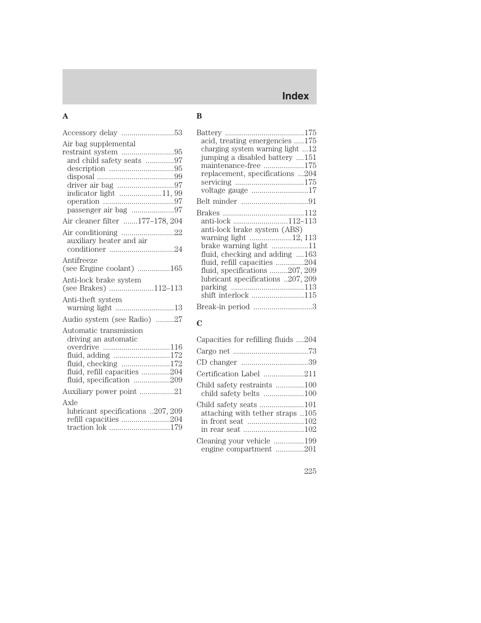 Index | FORD 2000 Excursion User Manual | Page 225 / 232