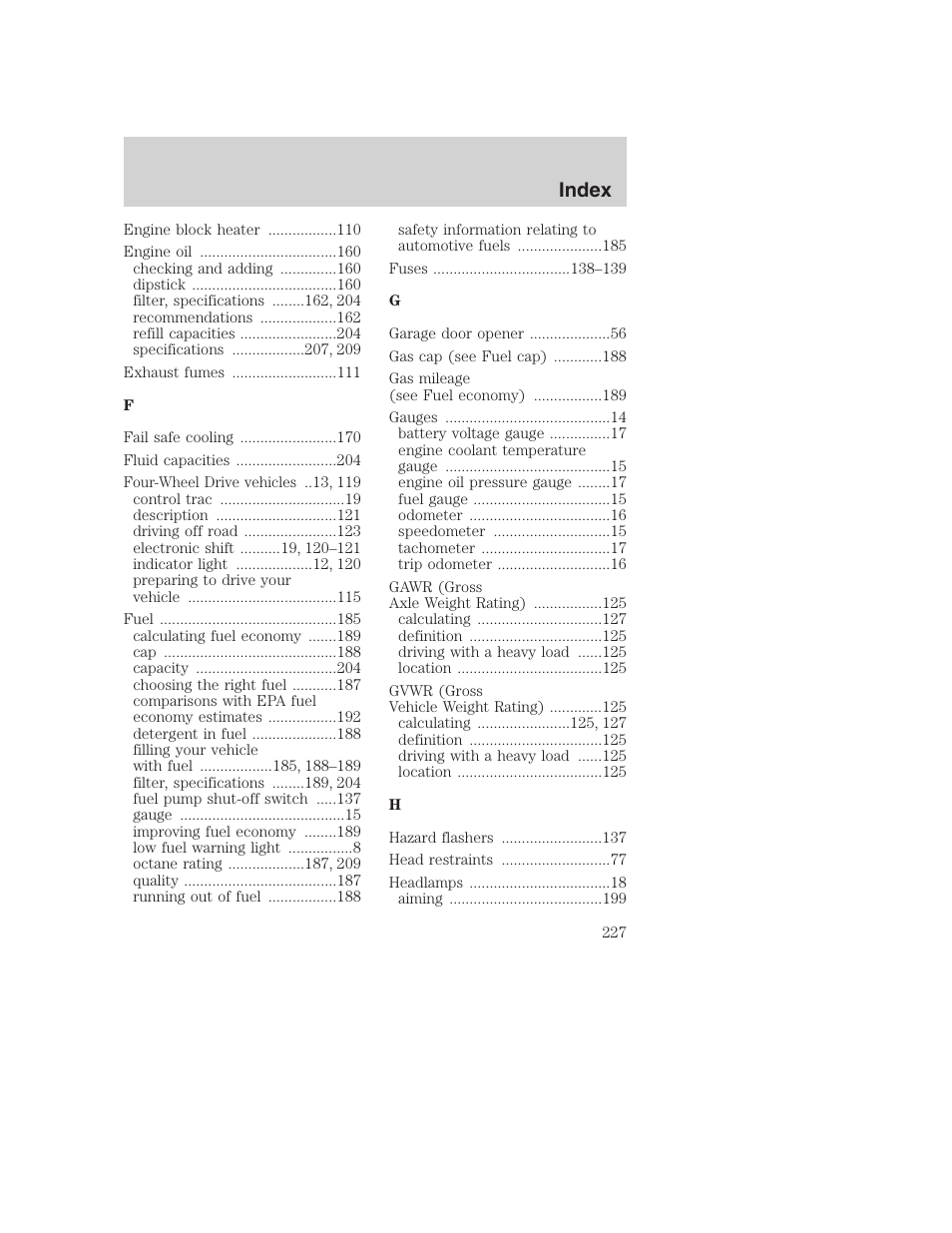 Index | FORD 2000 Excursion User Manual | Page 227 / 232