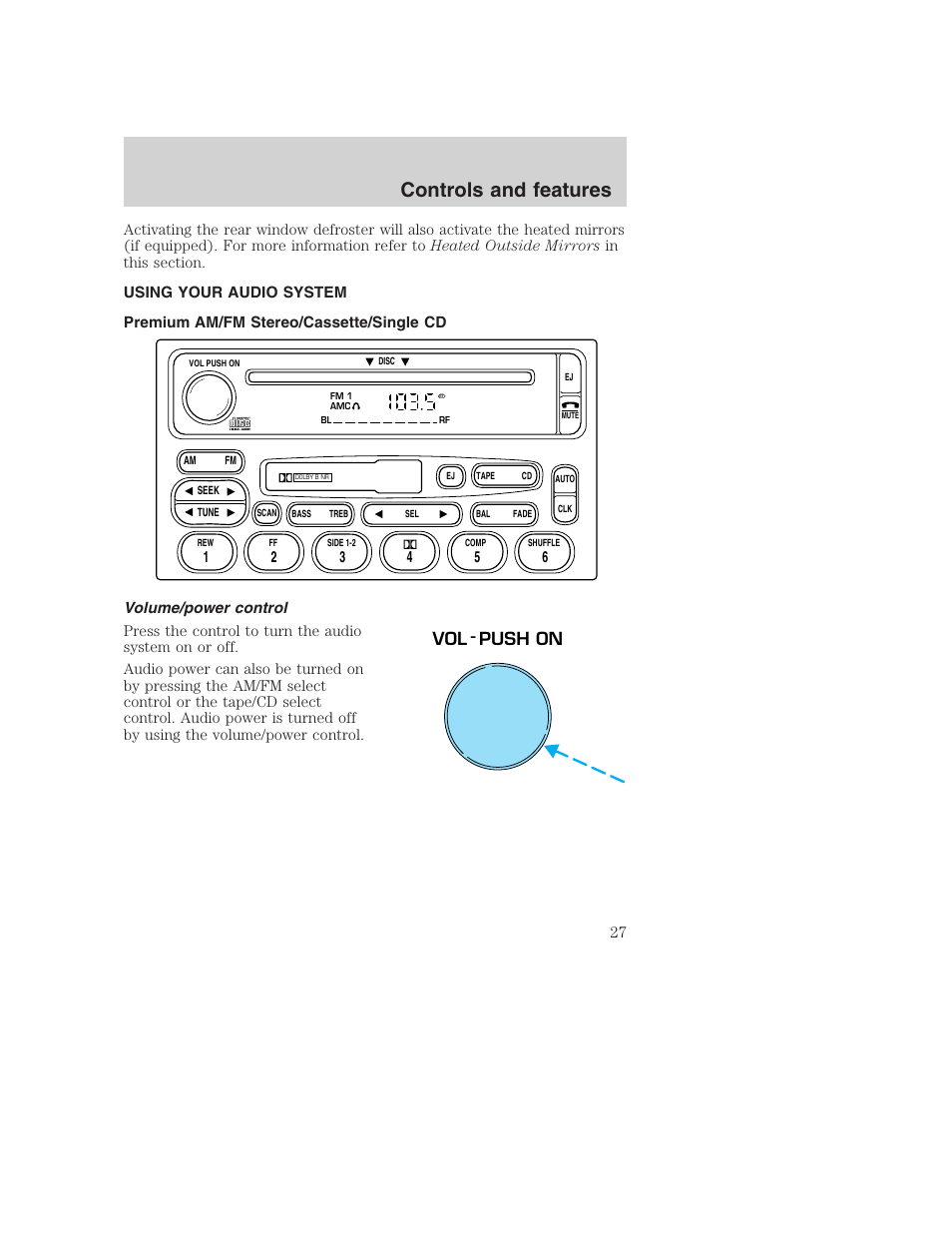 Controls and features, Vol - push on | FORD 2000 Excursion User Manual | Page 27 / 232