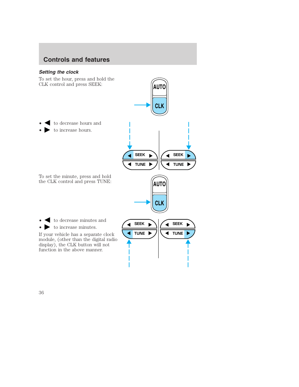 Auto clk, Controls and features | FORD 2000 Excursion User Manual | Page 36 / 232