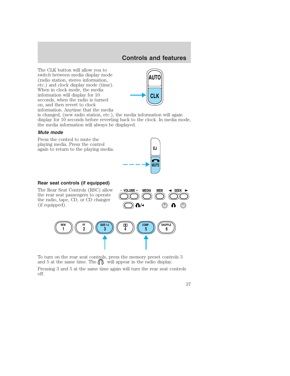 Auto clk, Controls and features | FORD 2000 Excursion User Manual | Page 37 / 232