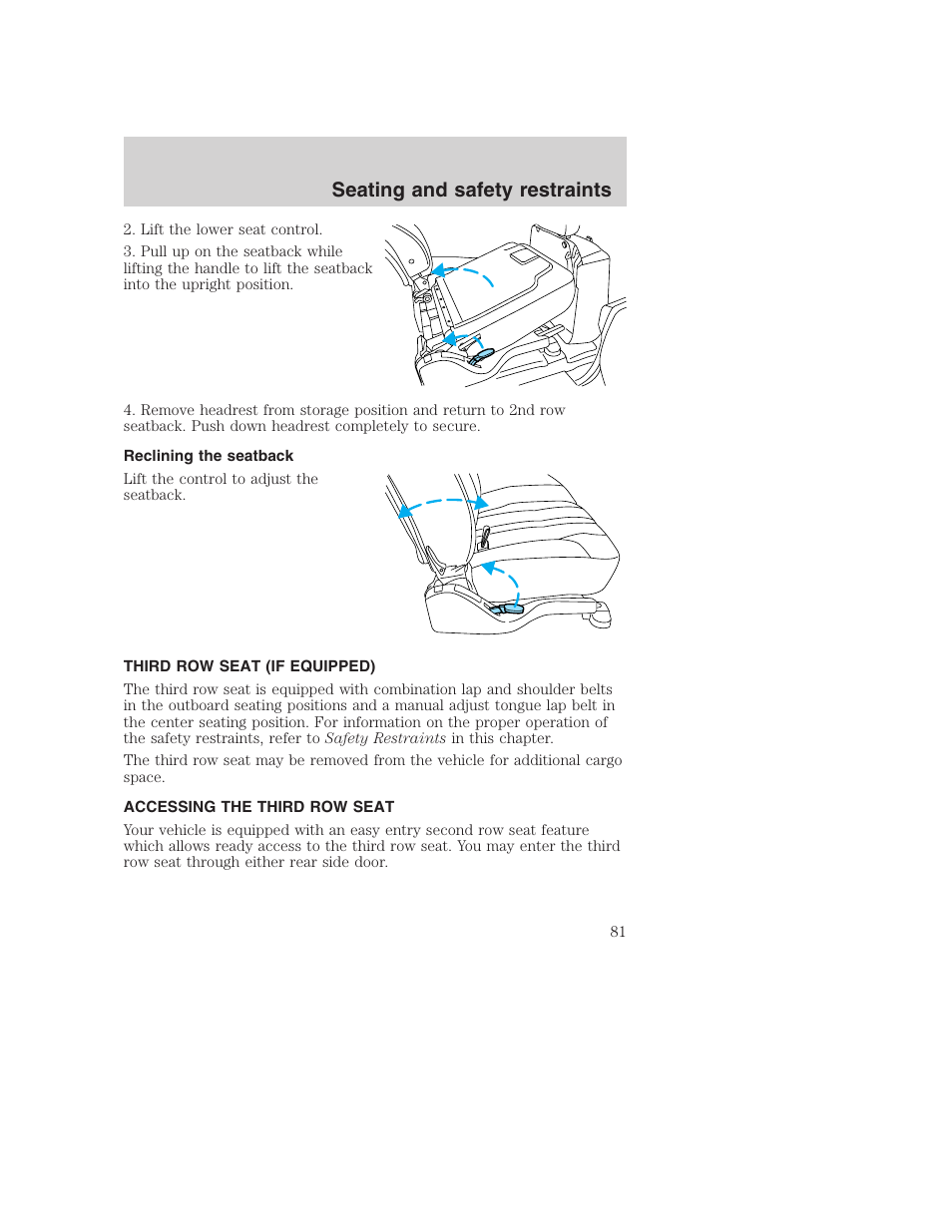 Seating and safety restraints | FORD 2000 Excursion User Manual | Page 81 / 232