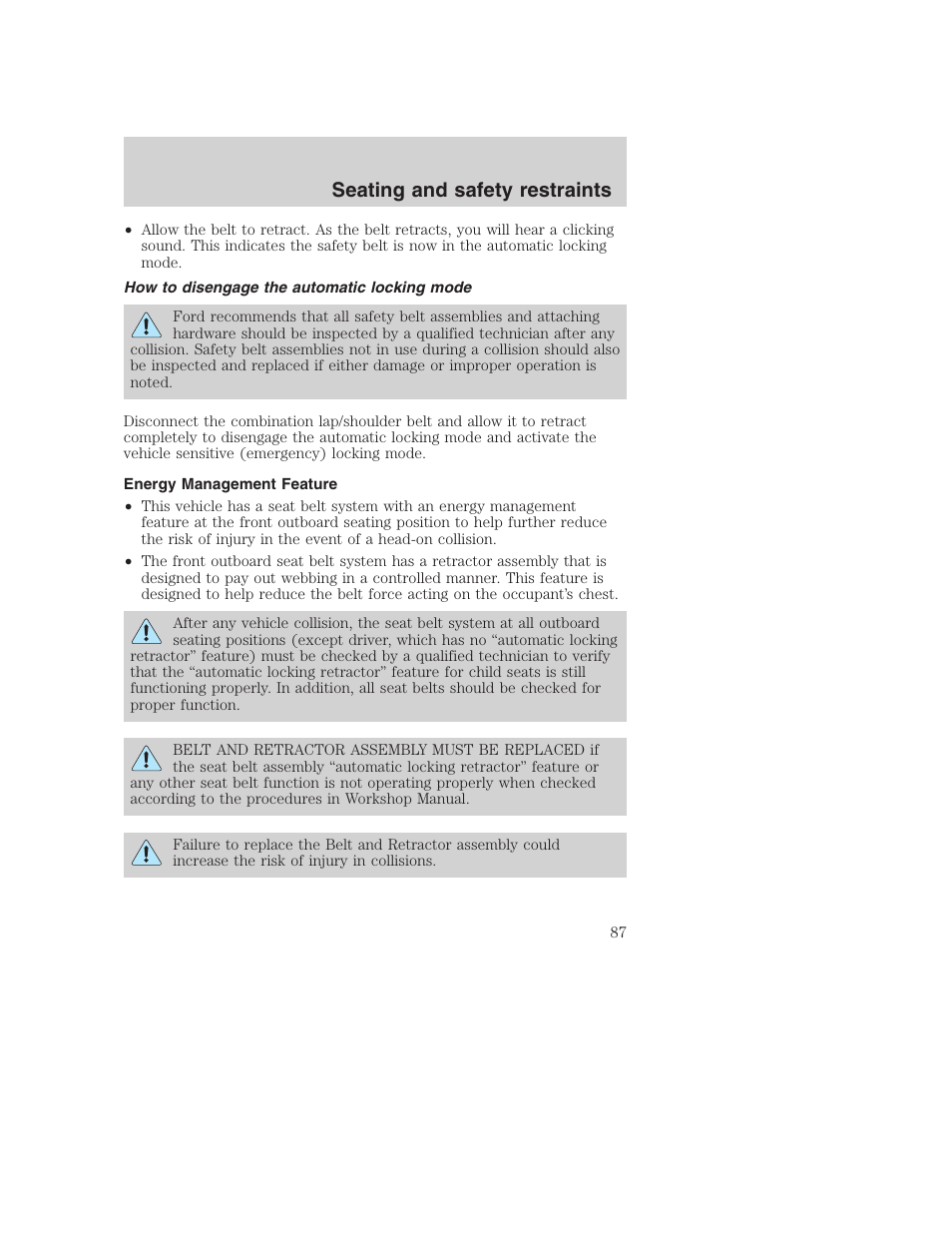 Seating and safety restraints | FORD 2000 Excursion User Manual | Page 87 / 232