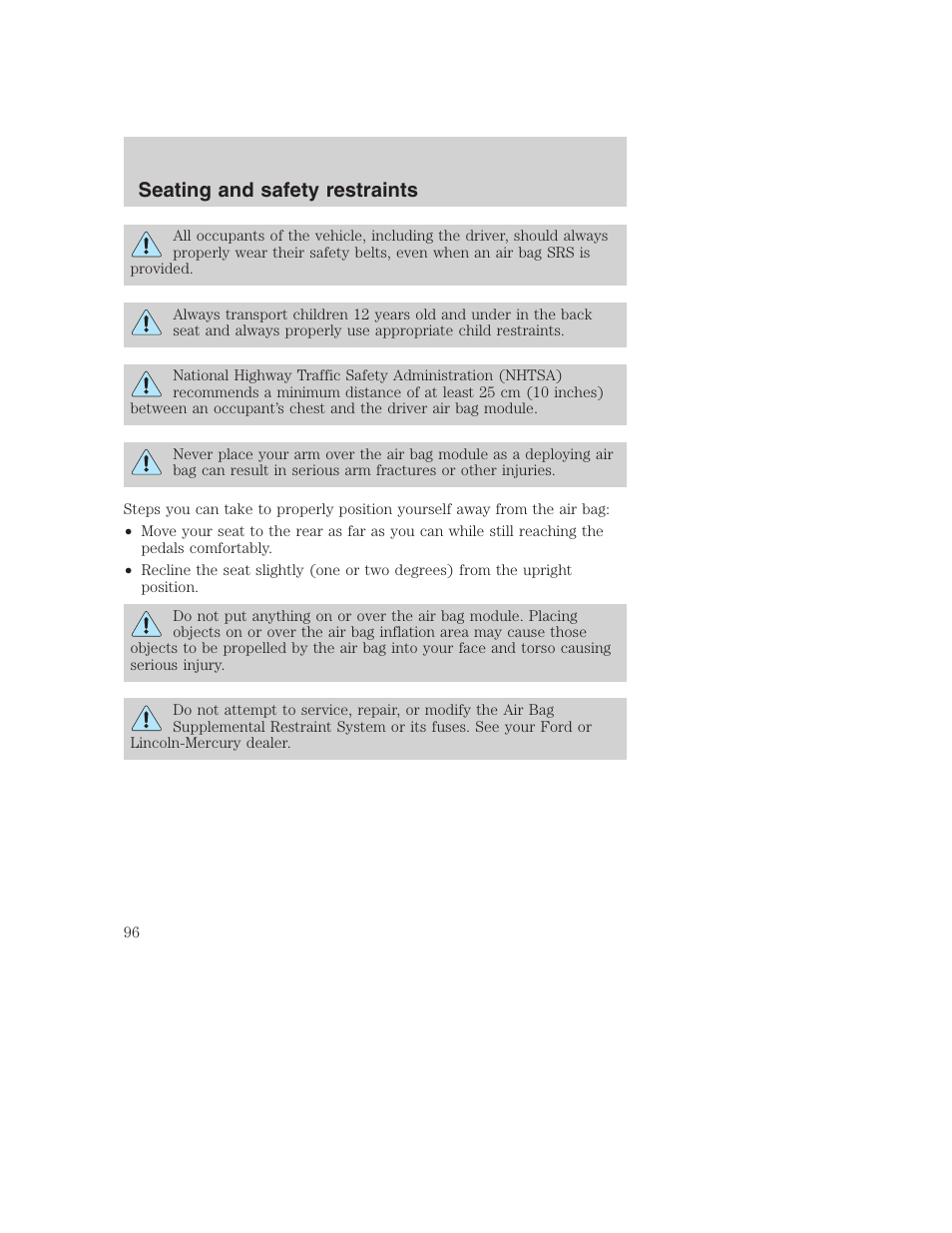 Seating and safety restraints | FORD 2000 Excursion User Manual | Page 96 / 232
