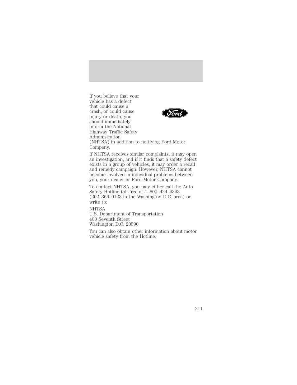 Reporting safety defects | FORD 2000 Mustang User Manual | Page 211 / 224