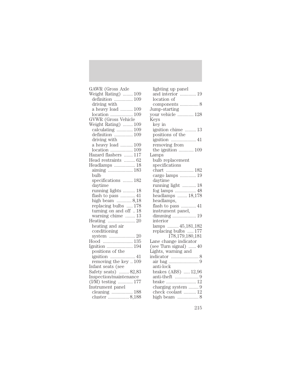 Index | FORD 2000 Mustang User Manual | Page 215 / 224