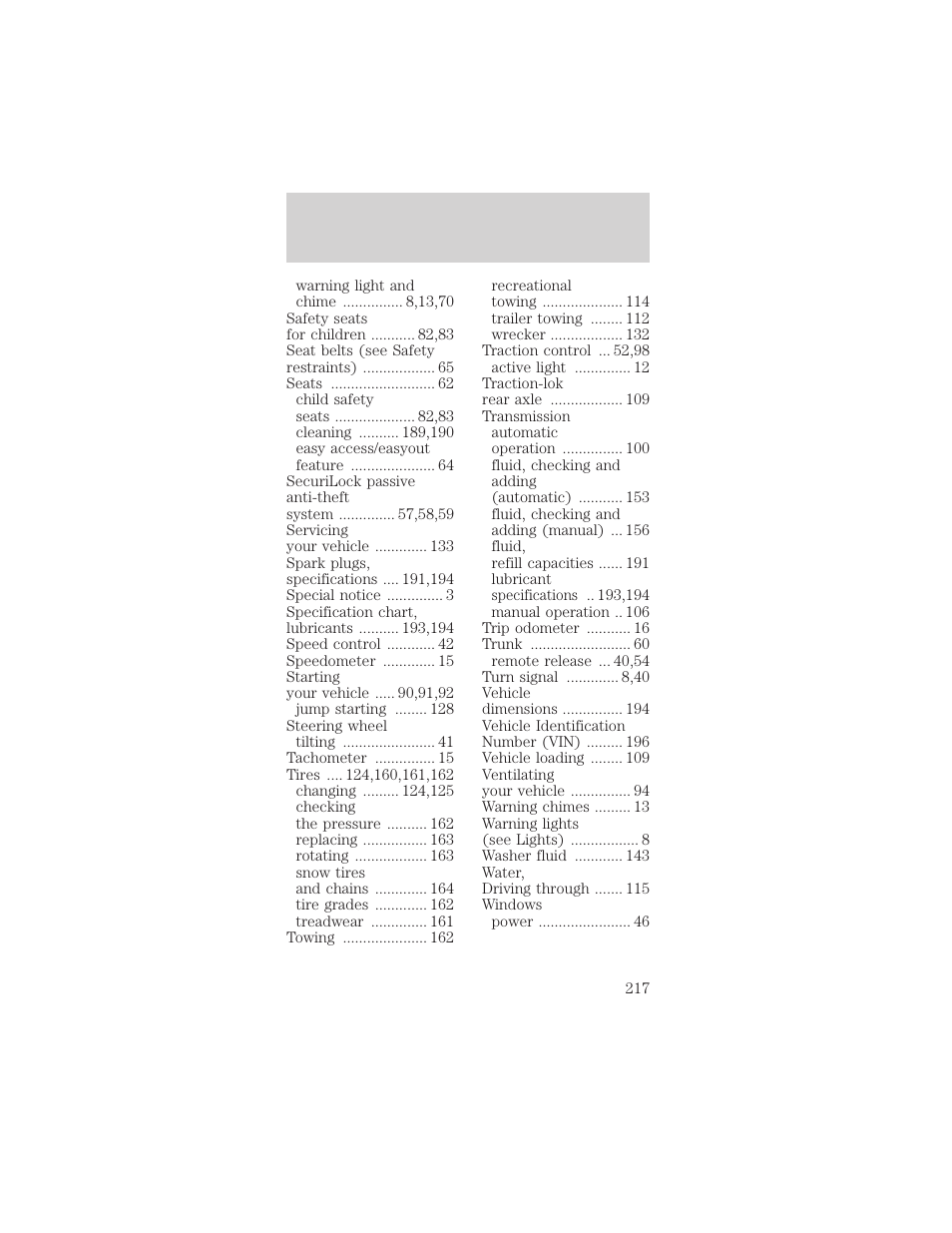 Index | FORD 2000 Mustang User Manual | Page 217 / 224