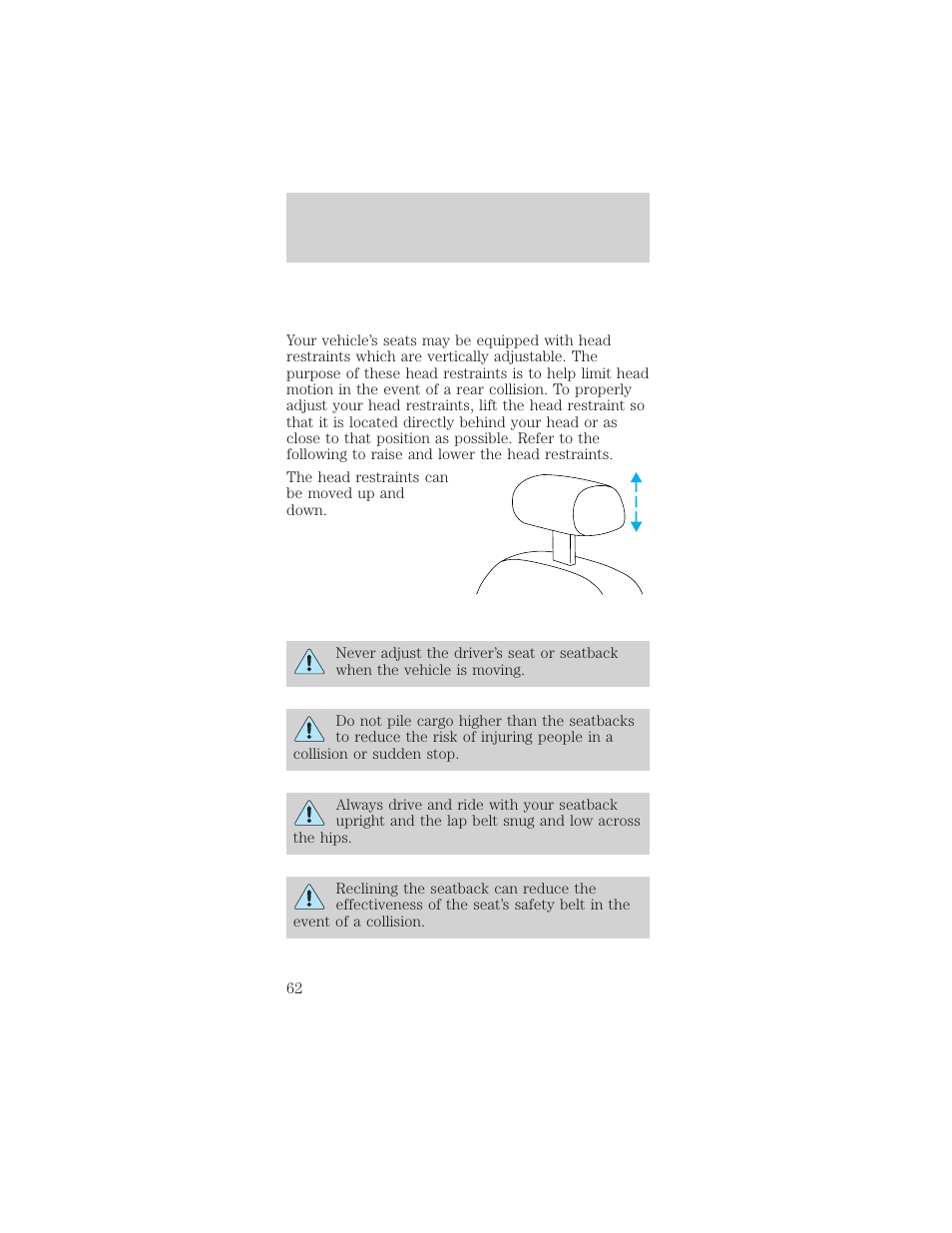 Seating and safety restraints | FORD 2000 Mustang User Manual | Page 62 / 224