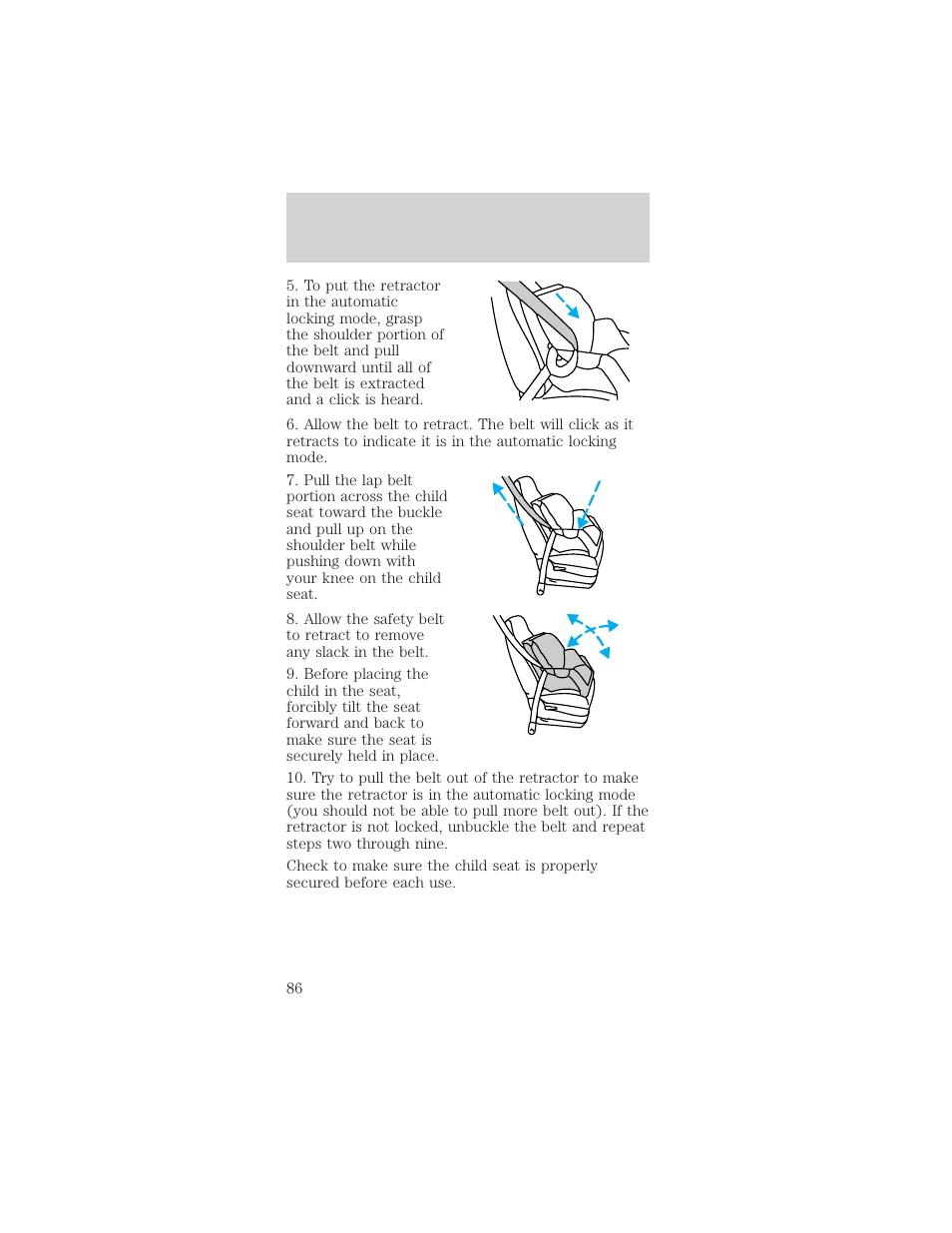 Seating and safety restraints | FORD 2000 Mustang User Manual | Page 86 / 224