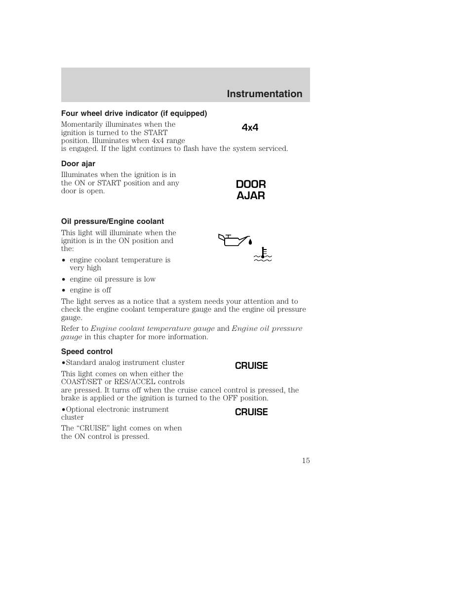 Door ajar, Instrumentation | FORD F-250 User Manual | Page 15 / 256