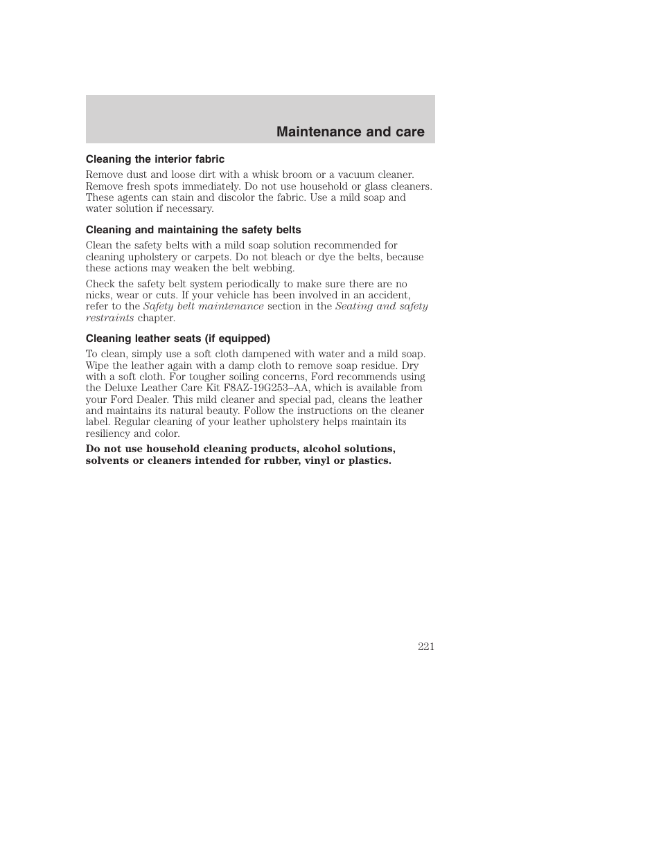 Maintenance and care | FORD F-250 User Manual | Page 221 / 256